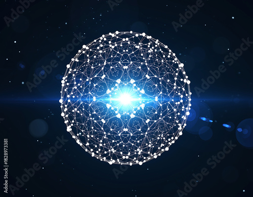 Abstract glowing sphere of interconnected particles with a bright blue light at its center