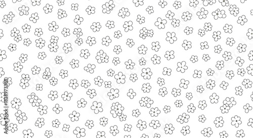Minimalist seamless pattern of small hand-drawn daisy flowers scattered randomly creating a simple black and white floral background.