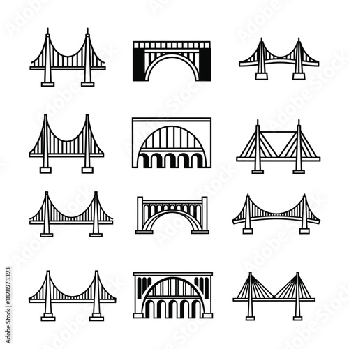 Collection of diverse bridge designs: suspension, arch, and cable-stayed icons