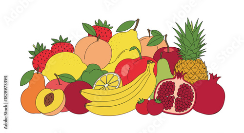 Colorful assortment of fresh and healthy hand-drawn fruits including bananas lemons strawberries and pineapple on a white background.