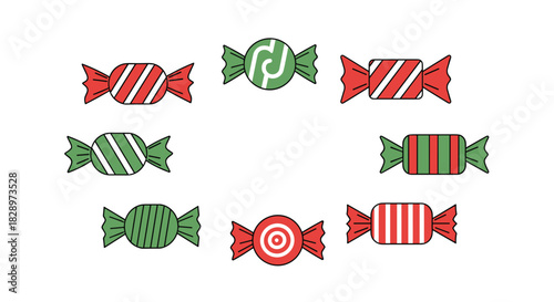 Set of festive Christmas peppermint candies in red and green wrappers with various striped and circular patterns for the holidays.