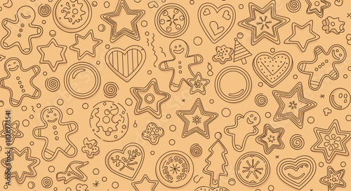 Seamless doodle background pattern of festive Christmas gingerbread cookies including various shapes like men stars and hearts design.