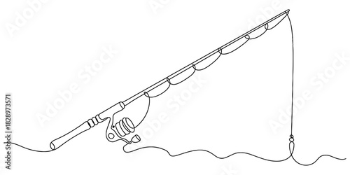 Continuous single line art drawing of a fishing rod, reel, and line, representing the popular outdoor hobby and sport of angling. Vector, illustration