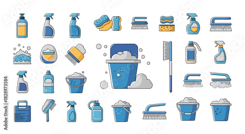 Large collection of colorful cleaning supply icons including spray bottles brushes sponges and buckets with foam and bubbles design.