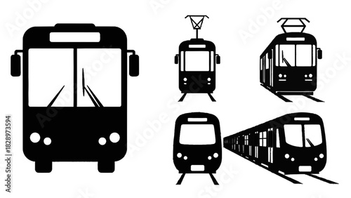 Vector illustration of collection of black and white silhouette icons representing various public transportation vehicles like bus and train isolated on transparent background
