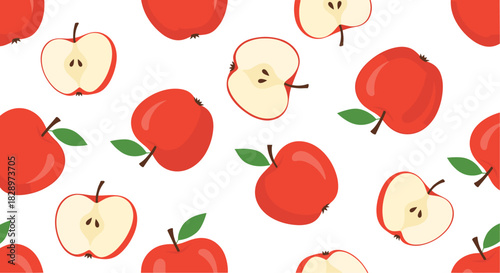 Seamless pattern of vibrant red apples both whole with green leaves and sliced in half on a clean white background.