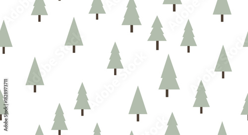 Minimalist seamless pattern of simple green pine trees on a white background creating a modern and clean winter forest design.