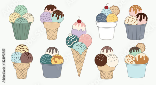 Delightful collection of hand-drawn ice cream cones and cups with multiple colorful scoops and various toppings like chocolate sauce.