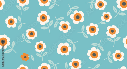 Retro seamless floral pattern with simple white and orange flowers on a beautiful blue background for a vintage-inspired design.