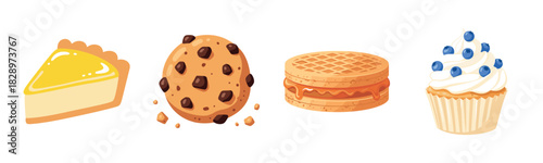 Assorted desserts illustration: lemon pie, chocolate chip cookie, waffle sandwich, cupcake