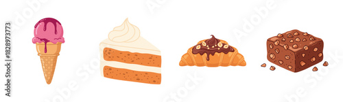 Variety of desserts: ice cream, cake, croissant, and brownie illustrations