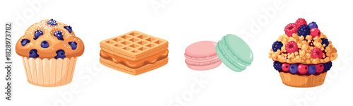 Delicious desserts: blueberry muffin, caramel waffle, macarons, berry tart