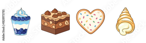 Assorted desserts: blueberry yogurt, chocolate cake, heart cookie, cream horn