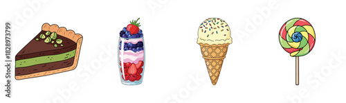 Dessert collection: chocolate pie, berry parfait, ice cream cone, and rainbow lollipop