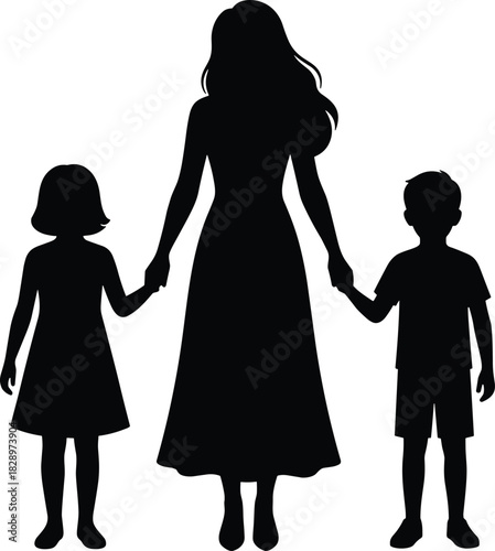 Mother holding hands with her young daughter and son, illustrating single parent family, love, guidance, and maternal care silhouette vector
