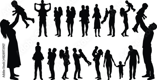Collection of parents interacting with their babies and young children, illustrating family love, bonding, and parental care silhouette vector