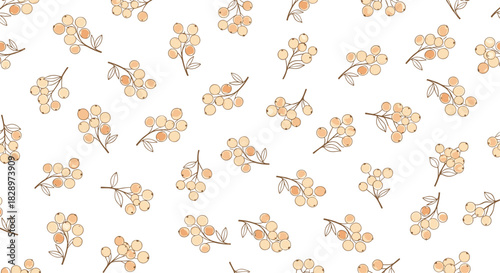 Seamless pattern of delicate hand-drawn rowan or mountain-ash berry branches in a soft beige color on a white background.