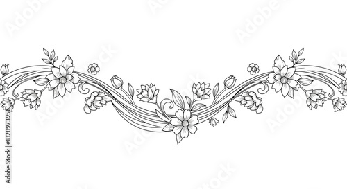 Elegant and intricate monochrome floral divider with swirling vines and blossoms in a detailed hand-drawn vintage engraving style.