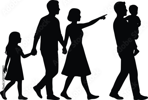 Walking family of four with mother pointing, illustrating togetherness, future direction, guidance, and a journey silhouette vector