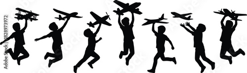 Group of happy children jumping with toy airplanes, illustrating dreams of aviation, childhood imagination, and joyful play silhouette vector