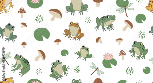 Seamless pattern of cute cartoon frogs mushrooms lily pads and dragonflies creating a charming and whimsical pond life background.