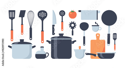 Collection of essential kitchen utensils and cookware including pots pans knives and spatulas in a modern flat design style.