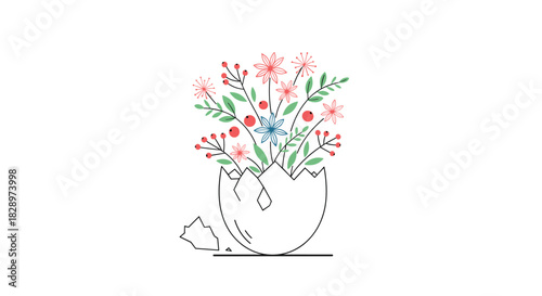 Symbolic illustration of a beautiful bouquet of flowers and berries blooming and growing from inside a cracked eggshell concept.