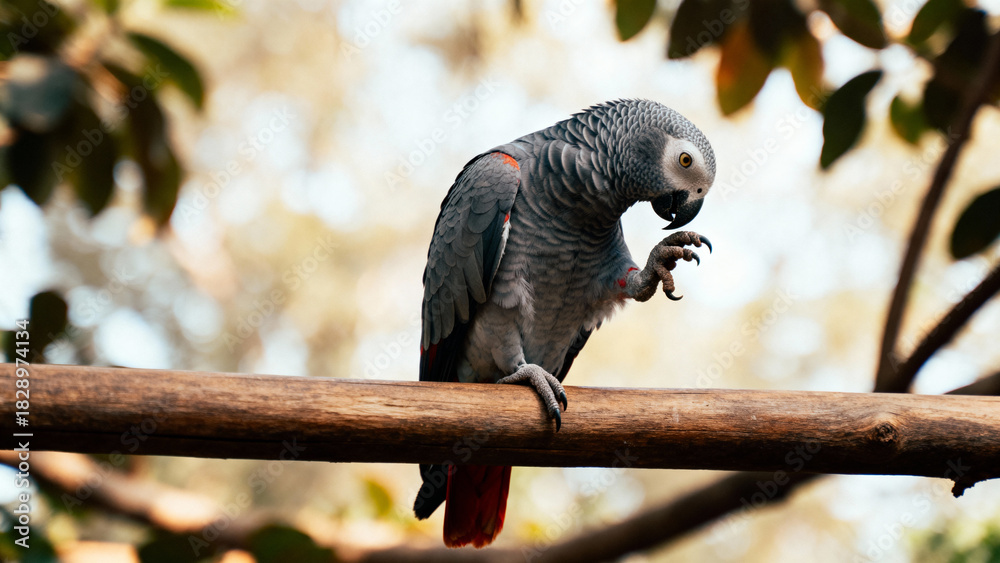 Obraz premium Gray parrot perched on a wooden branch, grooming its claw in a natural setting