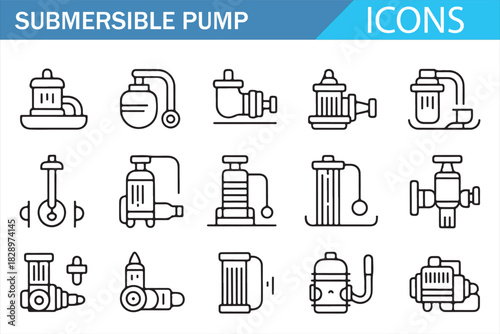 Industrial water pump and fluid system outline icons