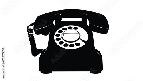 Silhouette of a Vintage Rotary Dial Telephone on White Background antique black