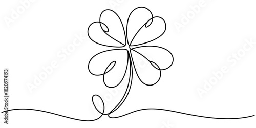 One continuous line art drawing of a lucky four-leaf clover, a global symbol of good luck and fortune, minimalist graphic illustration. Vector, illustration