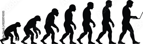 Depicting the human evolution from quadrupedal ape to a bipedal person holding a laptop
