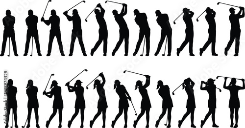 Black silhouette vector graphics depicting the full golf swing sequence, from address to follow-through, for both male and female golfers showcasing the sport and motion.