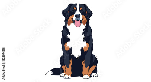 Beautifully detailed illustration of a happy Bernese Mountain Dog sitting obediently with its tongue out on a white background.