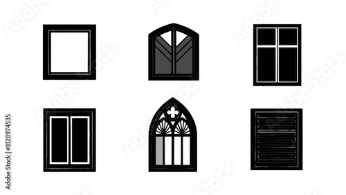 Vector illustration of set of six different window icon designs in black and white silhouette style, isolated on transparent background