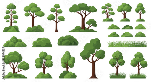 Large collection of various green cartoon trees bushes and grass elements for creating forest or park landscape scenes.