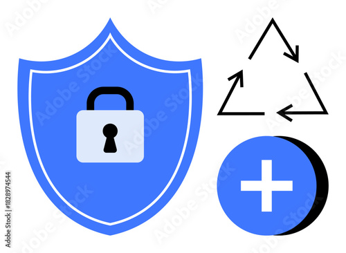 Data security concept. Visual elements include a shield with lock symbol, recycle icon, and plus sign. Data security promotes protection, efficiency, and sustainability. For technology