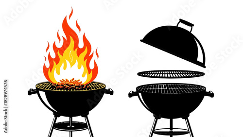 Vector illustration of illustration of two black kettle barbecue grills, one with bright flames and one open, isolated on transparent background
