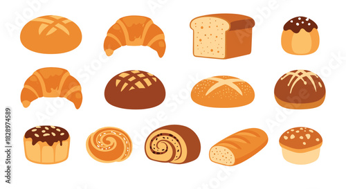 Delicious assortment of various bakery products including fresh bread loaves croissants buns and pastries on a white background.