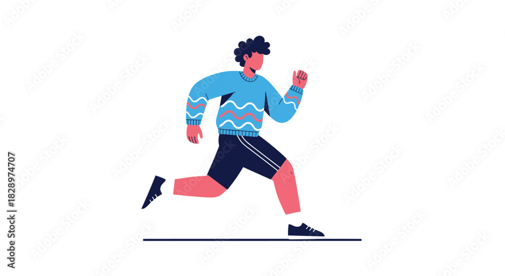 Obraz premium Stylized illustration of a young man in a colorful patterned sweater and shorts running as part of his fitness routine.