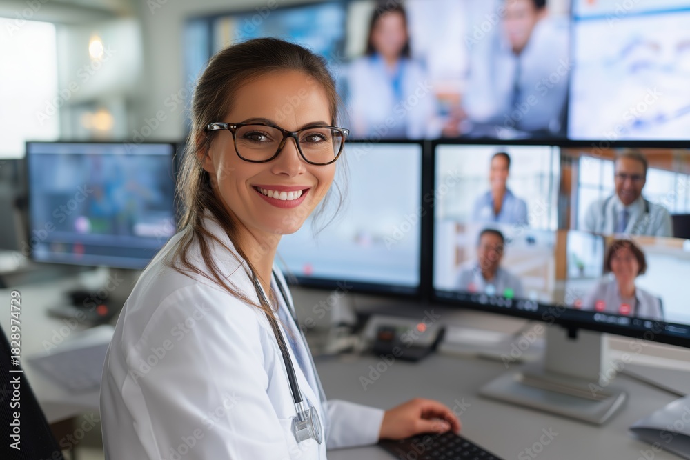 Fototapeta premium Female Doctor in a Telehealth Control Center for Online Vet Consultations