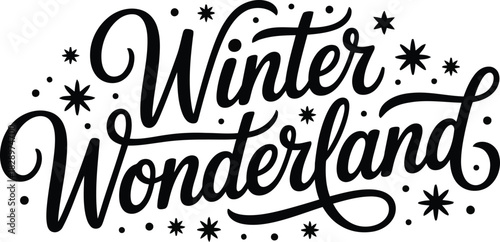 Festive black script lettering spelling Winter Wonderland adorned with scattered stars and dots