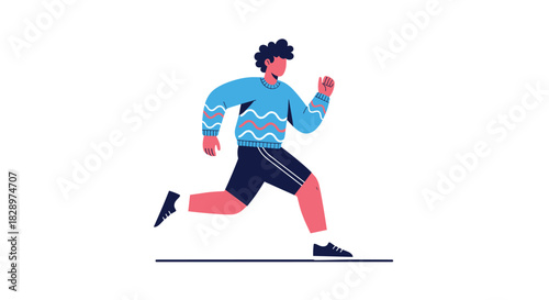 Stylized illustration of a young man in a colorful patterned sweater and shorts running as part of his fitness routine.