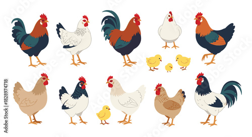 Large collection of colorful cartoon farm chickens including various roosters hens and cute little chicks in different poses.