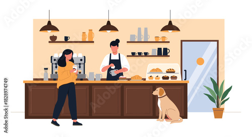 Modern coffee shop scene with a male barista preparing a drink for a female customer while her dog waits patiently.