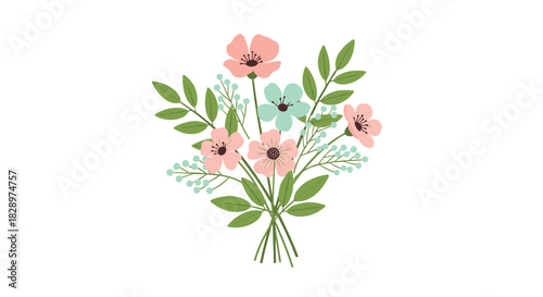 Beautiful and simple bouquet of delicate pink and blue flowers with green leaves tied together in a charming arrangement.
