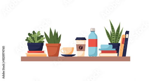 Cozy wooden shelf decorated with house plants books a cup of coffee a water bottle and other decorative home items.