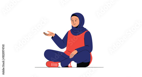 Young Muslim woman in a blue hijab sitting cross-legged on the floor and gesturing while having a friendly conversation.