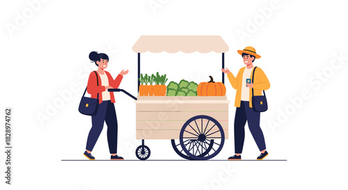 Young woman buying fresh organic vegetables from a friendly male vendor at an outdoor farmers market street stall cart.
