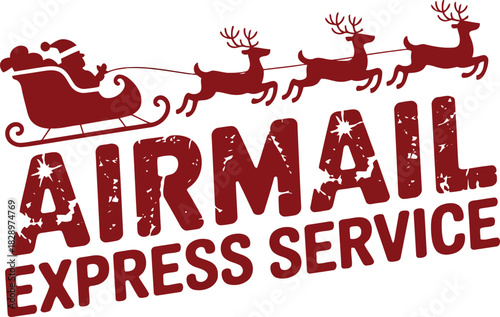 Festive red airmail express service logo featuring Santa Claus in his sleigh pulled by flying reindeer
